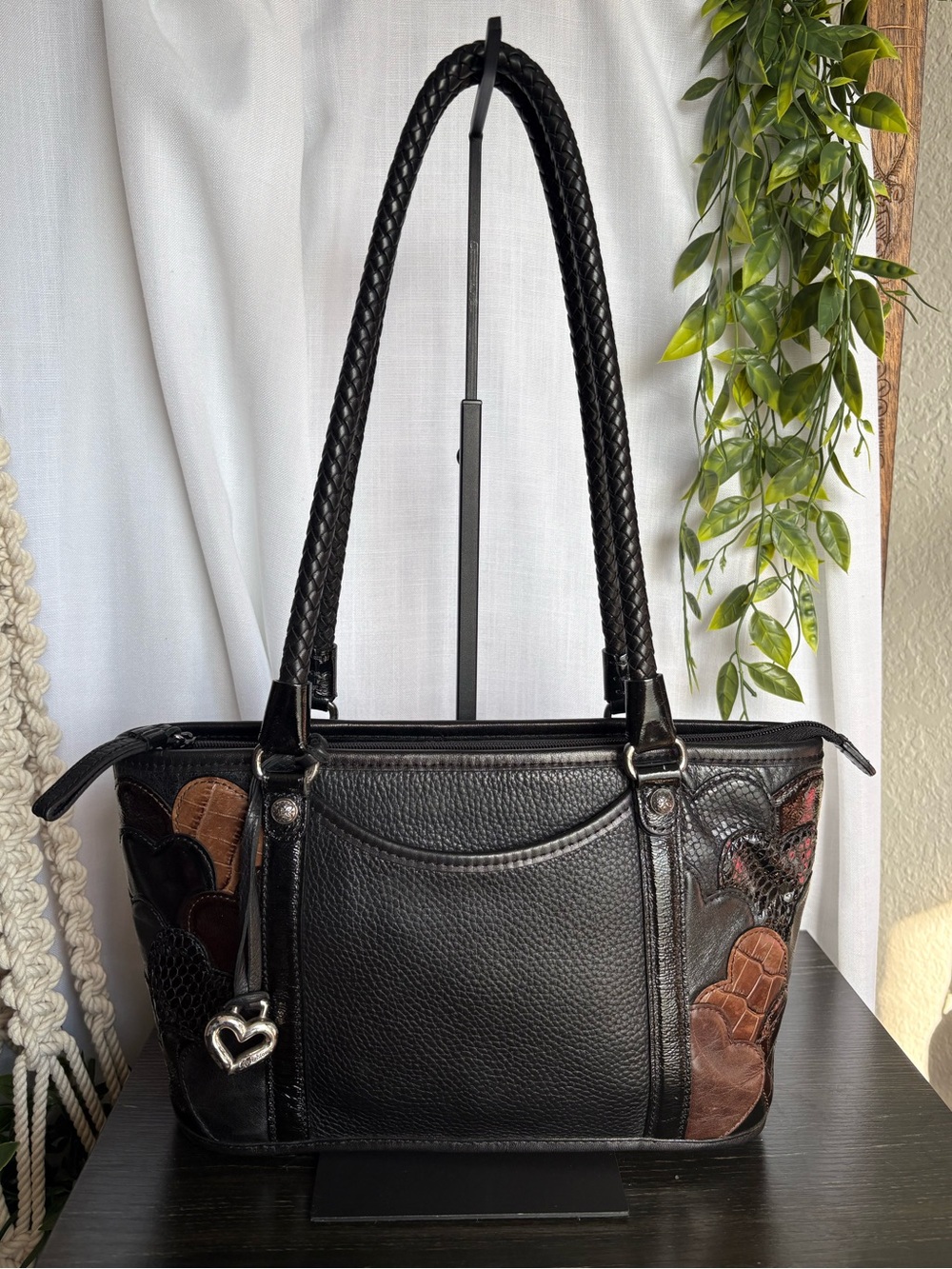 Vintage Brighton Black Leather Patchwork Hearts Shoulder Bag Croc Snake Braided